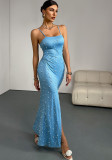Fashionable Beaded Slim Blue Dress