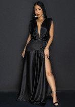 Fashionable Women's Sexy Deep V-Neck Sleeveless High Slit Long Dress