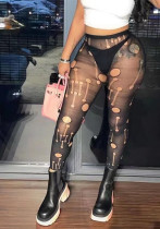High-Waist Mesh Hollow Ripped Sexy Slim-Fit Pants for Women