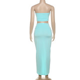 Summer Hollow Low Back Strapless Top and High Waist Solid Color Slit Skirt Set for Women