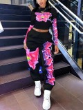 Spring Printed Fashionable Long Sleeve Two Piece Pants Set for Women