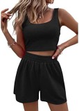 Summer Sweet Women's Knitting Sleeveless Casual Solid Color Two Piece Shorts Set