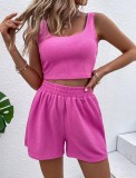 Summer Sweet Women's Knitting Sleeveless Casual Solid Color Two Piece Shorts Set