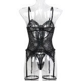 Sexy Lingerie Lace Jacquard See-Through Lace-Up Strap Two-Piece Lingerie