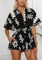 Summer Women's Turndown Collar Slim Waist Short Sleeve Casual Loose Jumpsuit