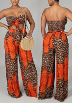 Summer Leopard Print Strapless Lace-Up Wide-Leg Loose Two Piece Pants Set Summer Leopard Print Strapless Lace-Up Wide-Leg Loose Two Piece Pants Set