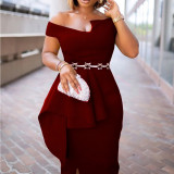 Summer Short-Sleeved Solid Color Slit Off-Shoulder Party Dress