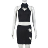 Women's Heart Rhinestone Hollow Crop Vest Short Skirt Casual Fashion Two Piece Set