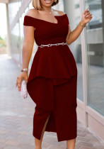 Summer Short-Sleeved Solid Color Slit Off-Shoulder Party Dress