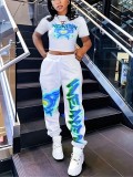 Spring Printed Fashionable Short Sleeve Two Piece Pants Set for Women