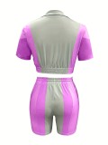 Spring and Summer Women's Zipper Elastic Short Sleeve Casual Drawstring Pocket Two-Piece Shorts Set
