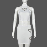 Women's Heart Rhinestone Hollow Crop Vest Short Skirt Casual Fashion Two Piece Set
