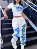 Spring Printed Fashionable Short Sleeve Two Piece Pants Set for Women