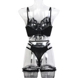 Flower Embroidery Solid Color Patchwork Lace-Up Three-Piece Sexy Lingerie Set