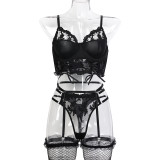 Flower Embroidery Solid Color Patchwork Lace-Up Three-Piece Sexy Lingerie Set