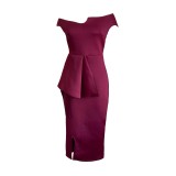 Summer Short-Sleeved Solid Color Slit Off-Shoulder Party Dress