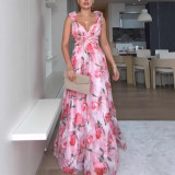 Spring/Summer Chiffon Ruffle Print Pleated Holiday Dress for Women