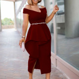 Summer Short-Sleeved Solid Color Slit Off-Shoulder Party Dress