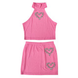 Women's Heart Rhinestone Hollow Crop Vest Short Skirt Casual Fashion Two Piece Set