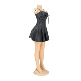 Spring Women's Sexy Straps PU Leather Party Dress