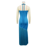 Women's Summer Tassel Patchwork Halter Strapless Bodycon Dress