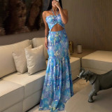 Spring/Summer Halter Neck Print Pleated Casual Loose Holiday Dress for Women