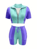 Spring and Summer Women's Zipper Elastic Short Sleeve Casual Drawstring Pocket Two-Piece Shorts Set