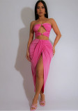 Summer Hollow Low Back Strapless Top and High Waist Solid Color Slit Skirt Set for Women