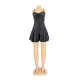 Spring Women's Sexy Straps PU Leather Party Dress