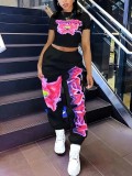 Spring Printed Fashionable Short Sleeve Two Piece Pants Set for Women