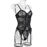 Sexy Lingerie Lace Jacquard See-Through Lace-Up Strap Two-Piece Lingerie