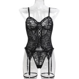 Sexy Lingerie Lace Jacquard See-Through Lace-Up Strap Two-Piece Lingerie