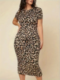 Plus Size Women Round Neck Leopard Bodycon Dress