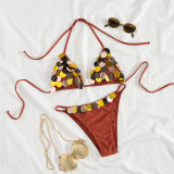 Women Sexy Halter Neck Lace-Up Sequined Two Piece Set Swimsuit