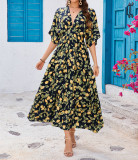Women Printed Bat Sleeves V Neck Beach Holidays Dress