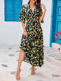 Women Printed Bat Sleeves V Neck Beach Holidays Dress