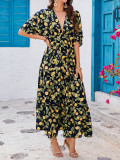 Women Printed Bat Sleeves V Neck Beach Holidays Dress
