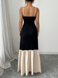 Women Suspender Contrast Patchwork Pleated Dress
