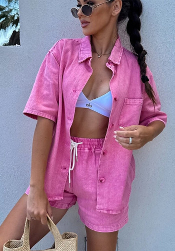 Women Summer Casual Short Sleeve Shirt and Denim Shorts Two Piece Set
