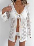 Women Hollow Long Sleeve Sunscreen Bikini Cover-up Lace-Up Beach Jacket