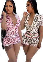 Women Leopard Zipper Hooded Print Top and Shorts Two Piece Set