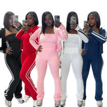 Women patchwork striped yoga wear zipper long-sleeved jacket Strapless sports three-piece Women patchwork striped yoga wear zipper long-sleeved jacket Strapless sports three-piece