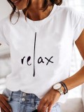Women Spring Summer Casual Letter Print Round Neck Short Sleeve T-Shirt