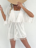 Plus Size Women Solid Tassel Patchwork Casual Beach Bikini Sun Protection Jacket Cover-up