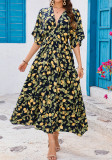 Women Printed Bat Sleeves V Neck Beach Holidays Dress