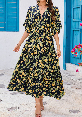 Women Printed Bat Sleeves V Neck Beach Holidays Dress