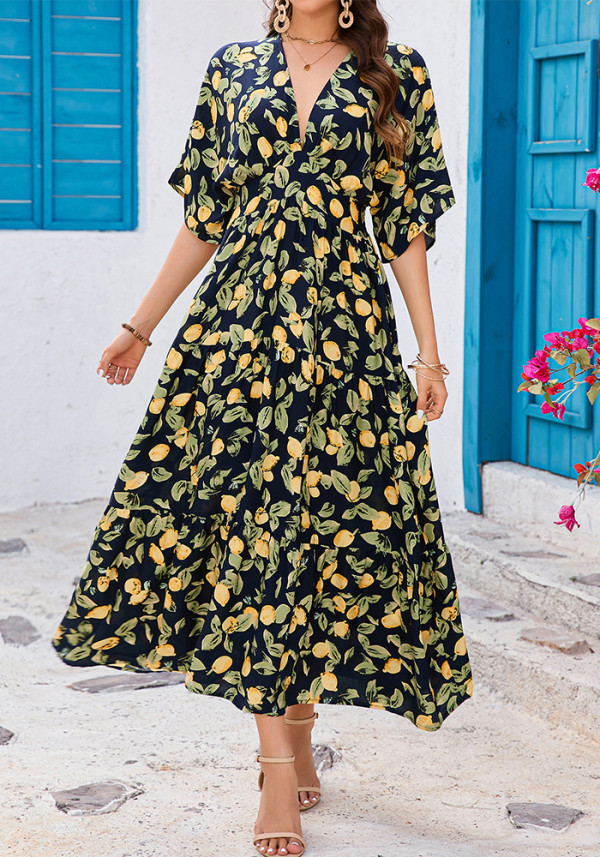 Women Printed Bat Sleeves V Neck Beach Holidays Dress