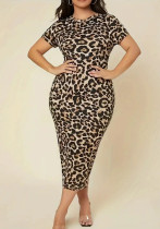 Plus Size Women Round Neck Leopard Bodycon Dress Plus Size Women Round Neck Leopard Bodycon Dress