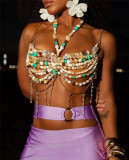 Women Color Block Gem Pearl Chain Sexy Halter Neck Chest Chain