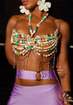 Women Color Block Gem Pearl Chain Sexy Halter Neck Chest Chain